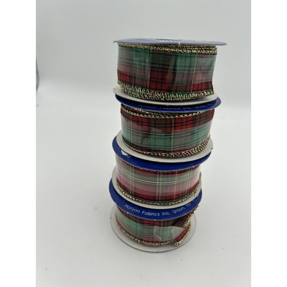 Lot of 4Vintage Tartan Plaid Christmas Ribbon 1 1/4 Wide 4 Yd. Length Wire Edge